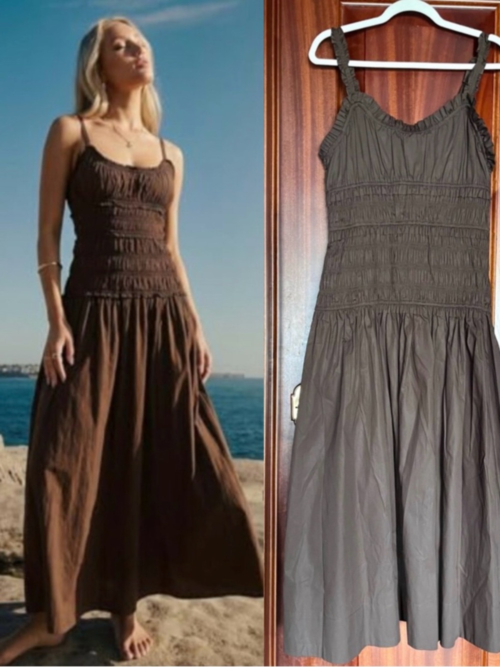 Caroline Constas Marianne Brown Smocked Nap Midi Dress (Like Doen ) size L